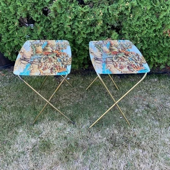 SET Of 2 Vintage Lavada Country Theme Metal TV Trays Metal Tray TV Table MCM - Picture 10 of 14